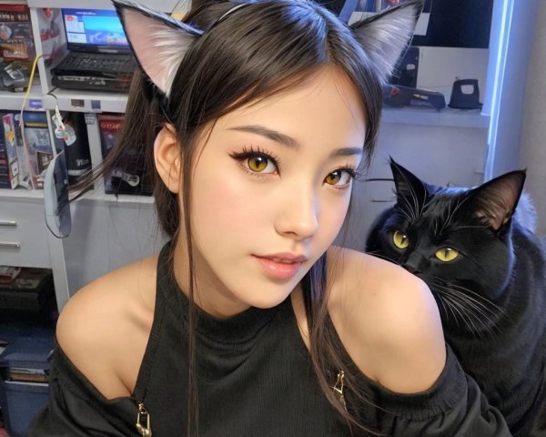 Woman with Cat Ear Headband and Striking Makeup Beside Black Cat in Electronic-Filled Room