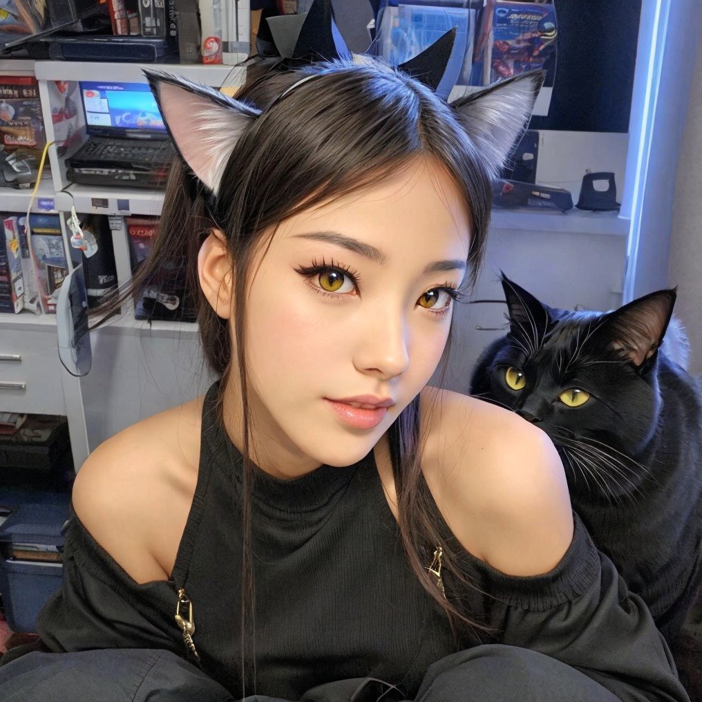 Woman with Cat Ear Headband and Striking Makeup Beside Black Cat in Electronic-Filled Room
