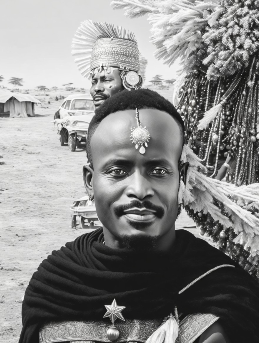 Traditional African attire: Two men in grayscale, one smiling at the camera, the other in intricate head