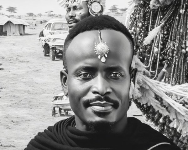 Traditional African attire: Two men in grayscale, one smiling at the camera, the other in intricate head