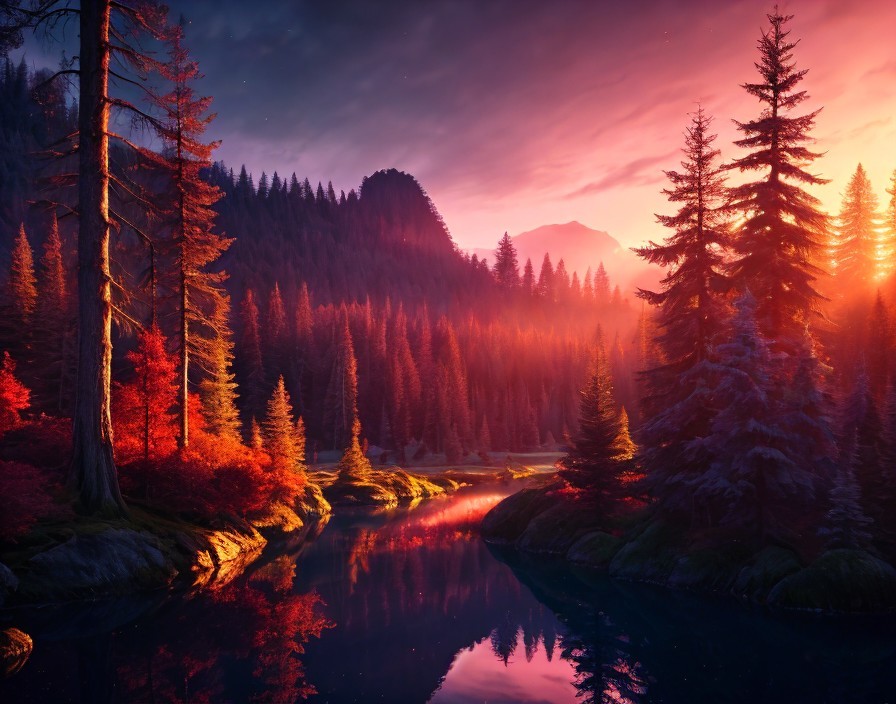 Tranquil Sunset Landscape with River and Pine Forest