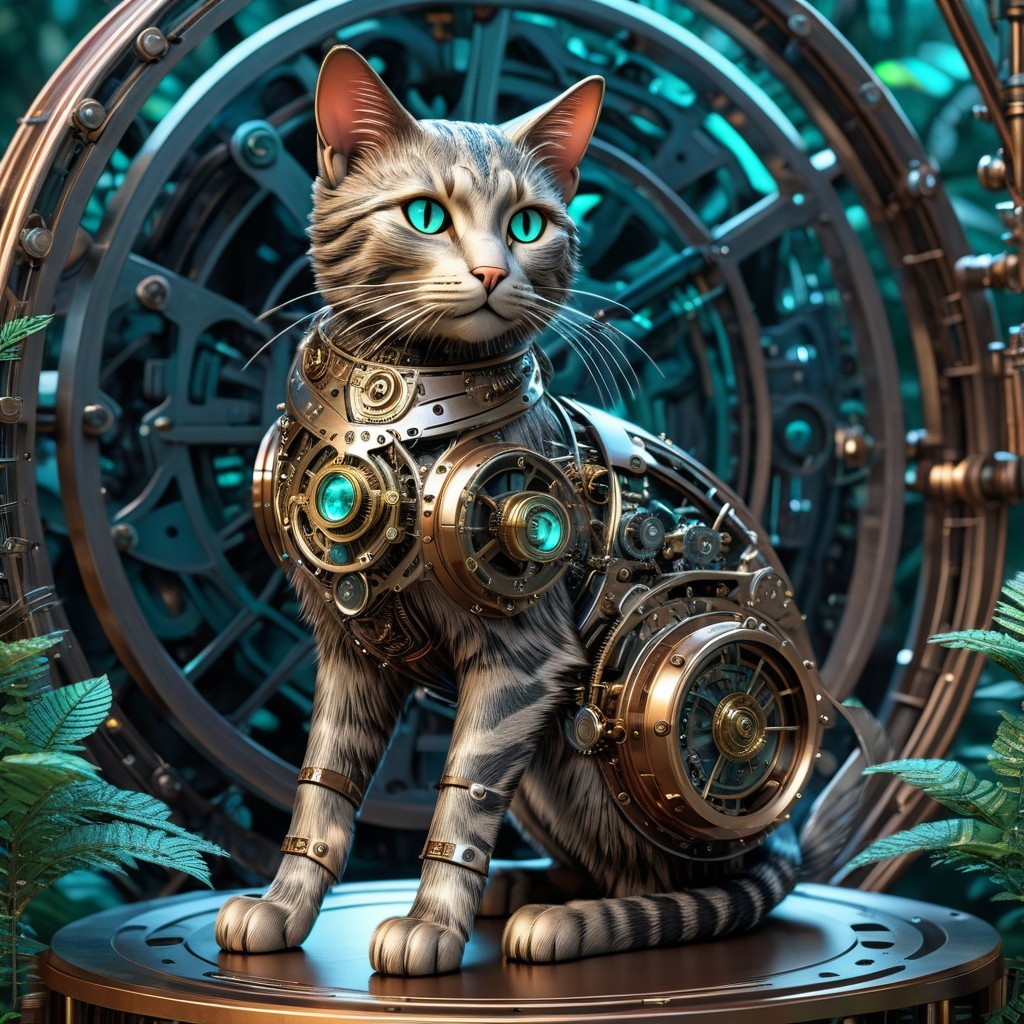 Cybernetic Cat with Turquoise Eyes in Green Setting