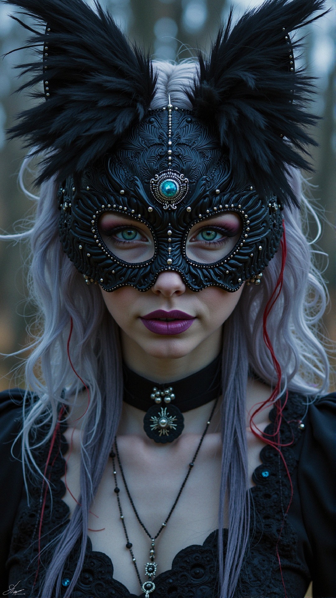 Mysterious Figure in Ornate Mask Against Forest Backdrop