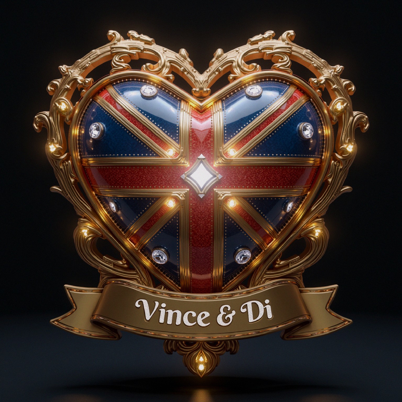 Heart-Shaped Union Jack Emblem with Jewels and Ribbon