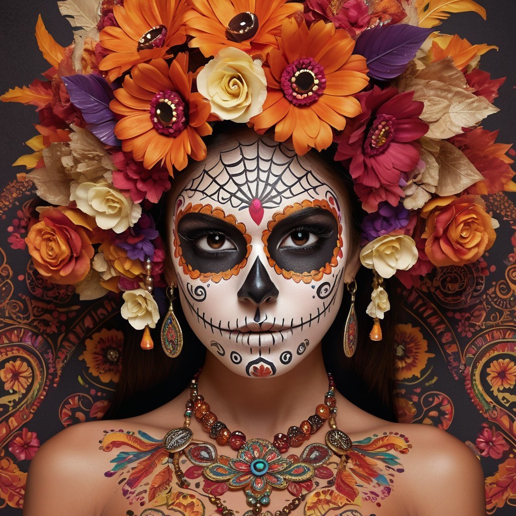Woman in Floral Headdress with Sugar Skull Face Paint