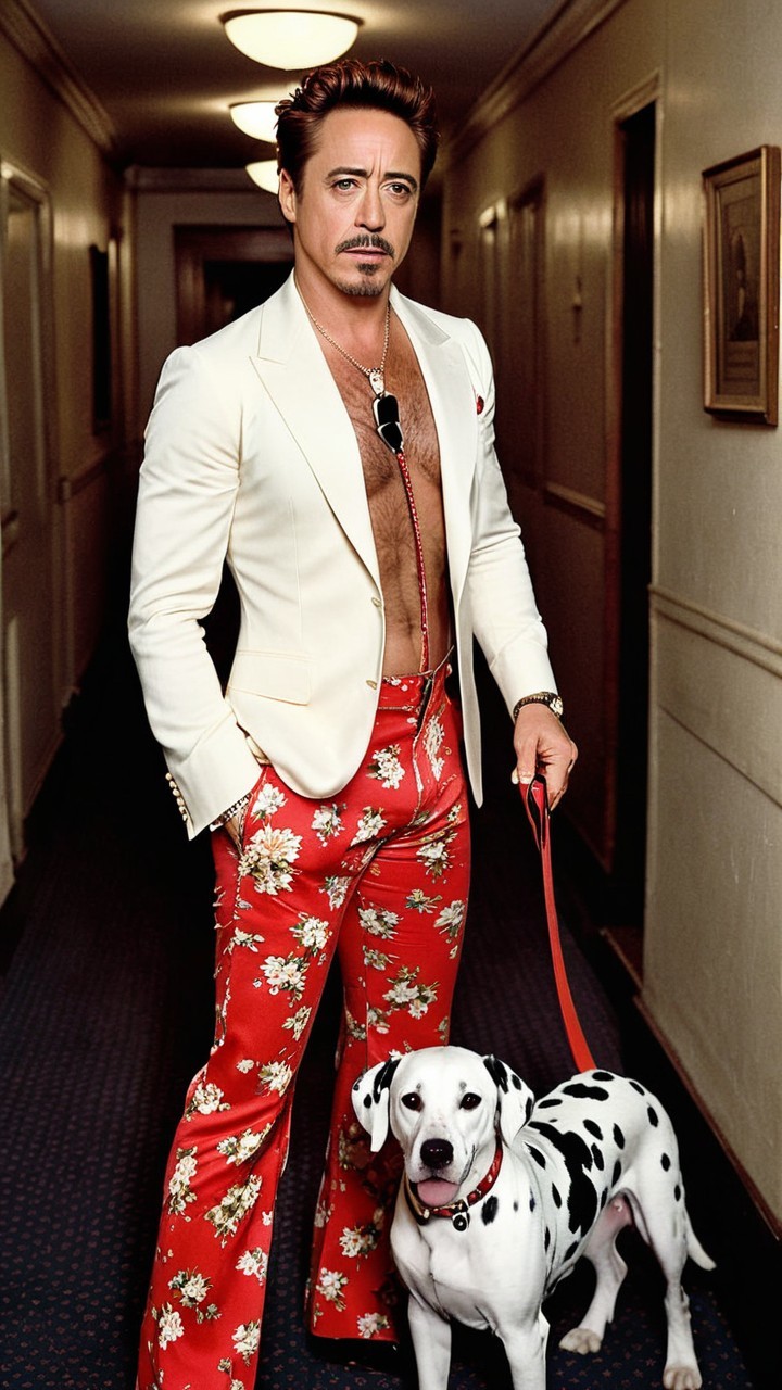 Stylish man in hotel hallway with Dalmatian dog