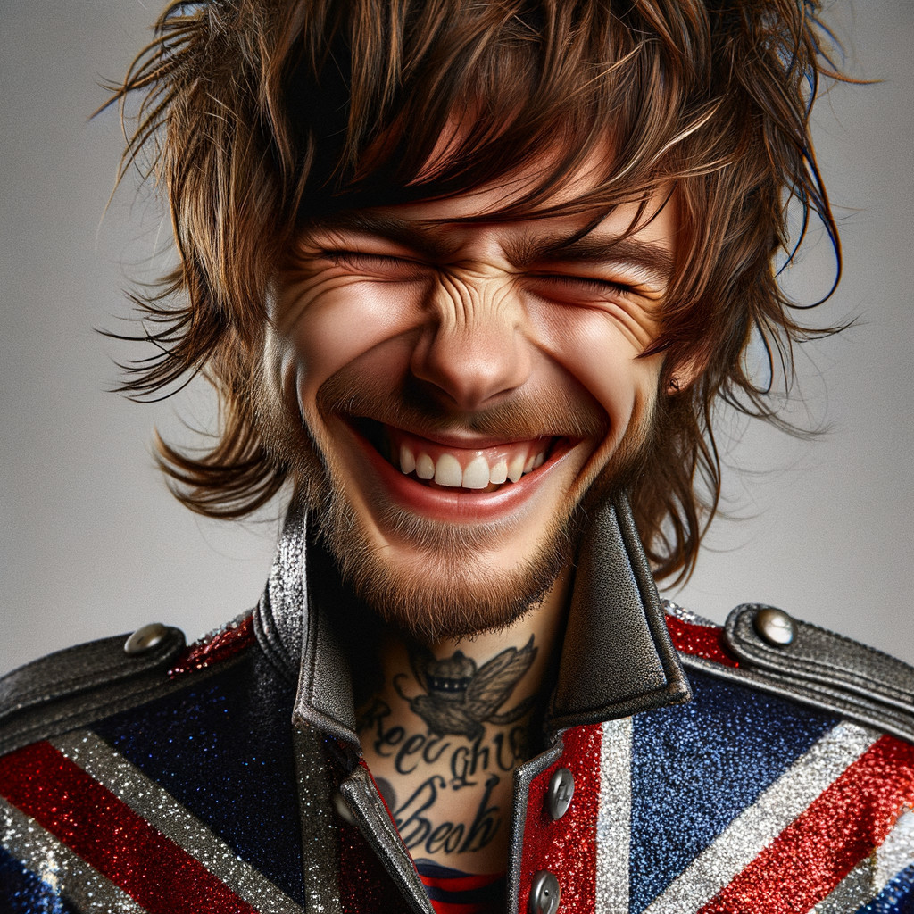 Young man in sequined Union Jack jacket and tattoos