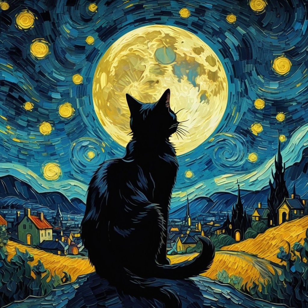 Black Cat Silhouette Against Moonlit Village Scene