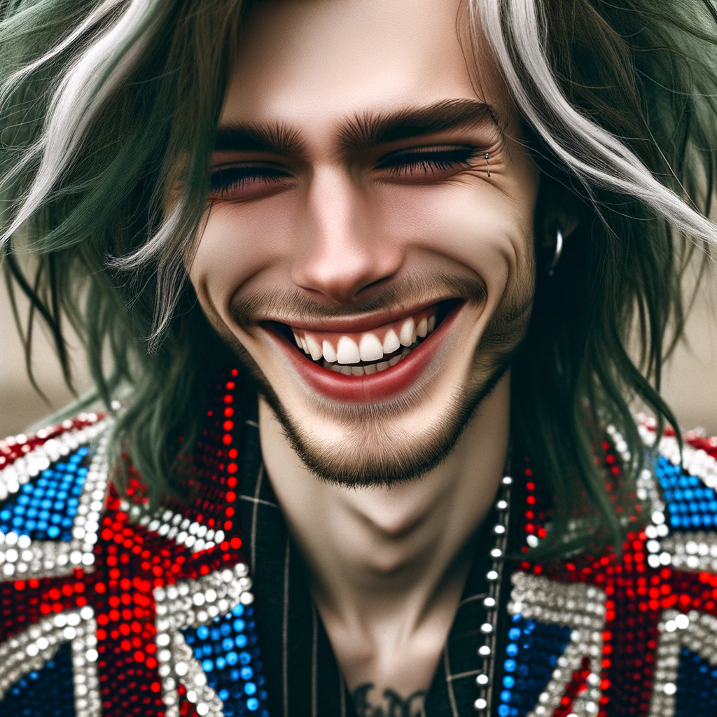 Young man with vibrant hair and embellished jacket