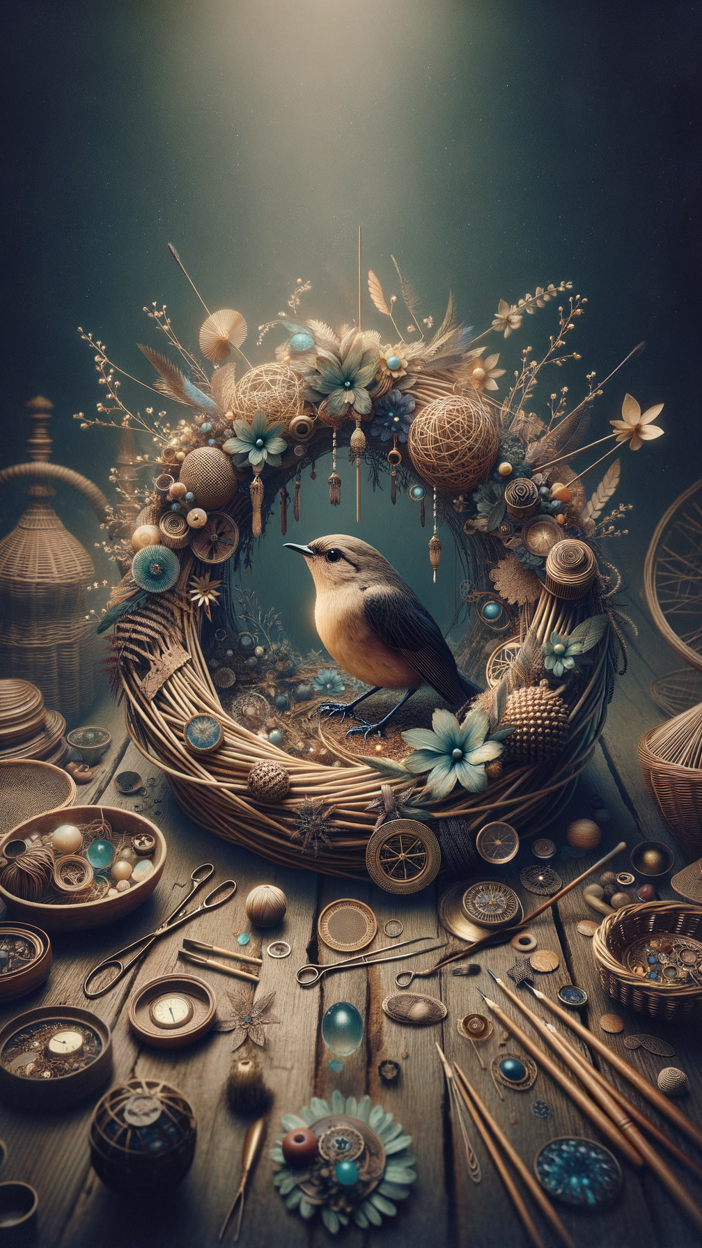 Delicate Bird in Ornate Wreath with Nature-Inspired Decor