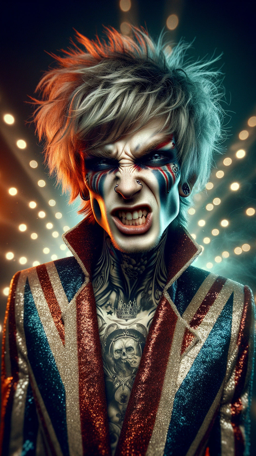Individual with Punk Glam Makeup and Union Jack Jacket