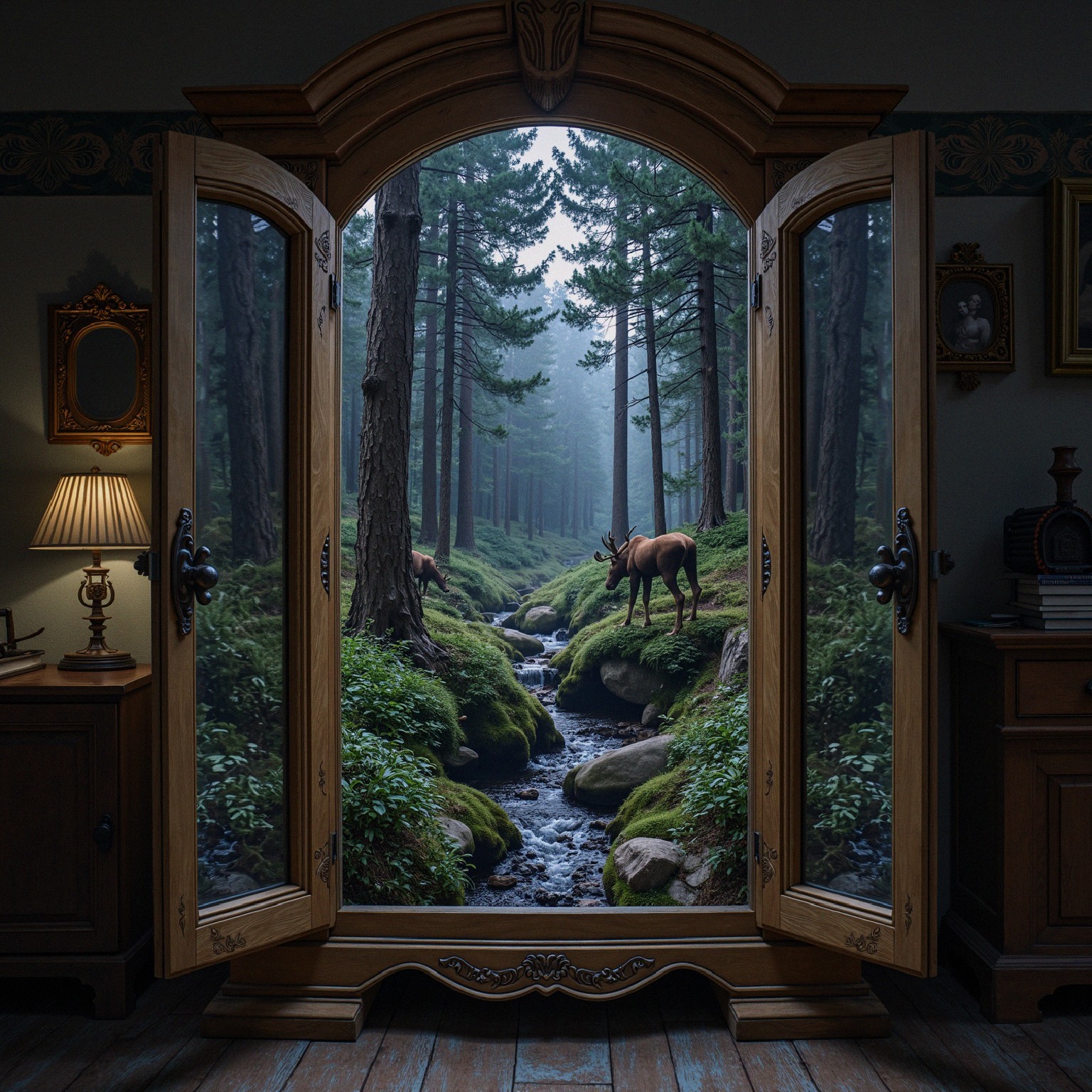 Ornate Wardrobe with Forest Scene and Cozy Interior