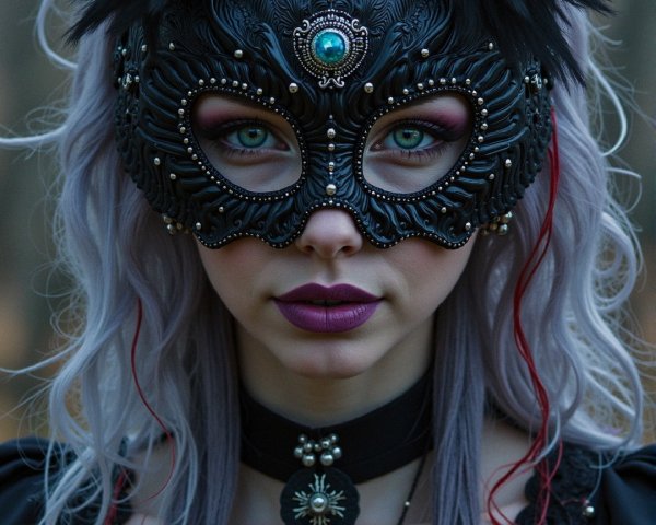 Mysterious Figure in Ornate Mask Against Forest Backdrop