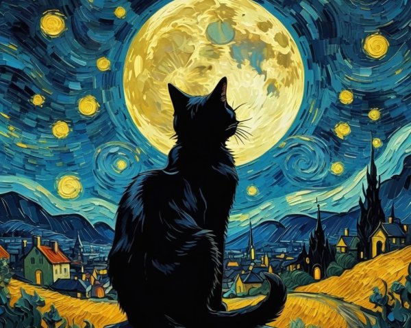 Black Cat Silhouette Against Moonlit Village Scene