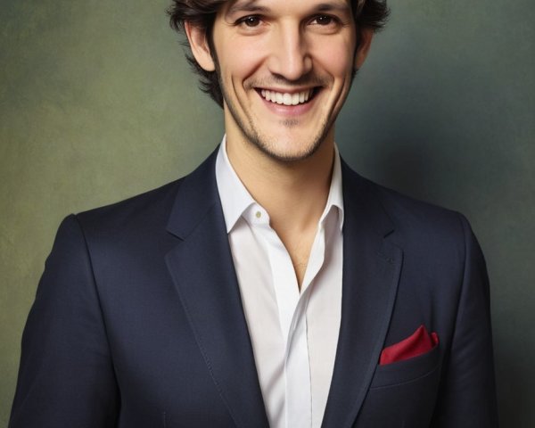 Confident Young Man in Tailored Navy Suit and Pocket Square
