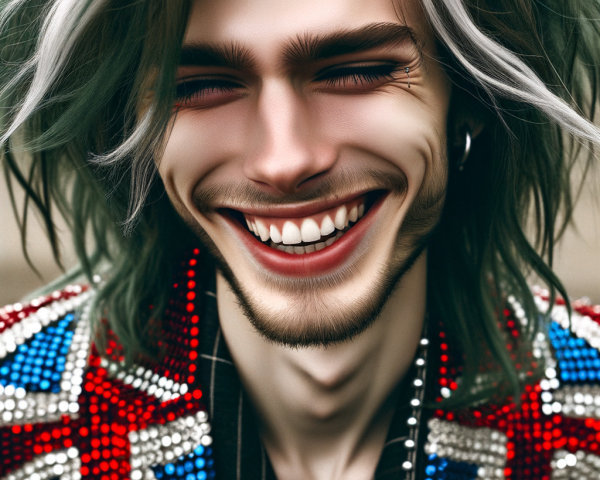 Young man with vibrant hair and embellished jacket