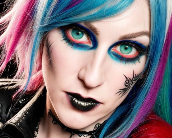 Individual with Vibrant Multi-Colored Hair and Bold Makeup