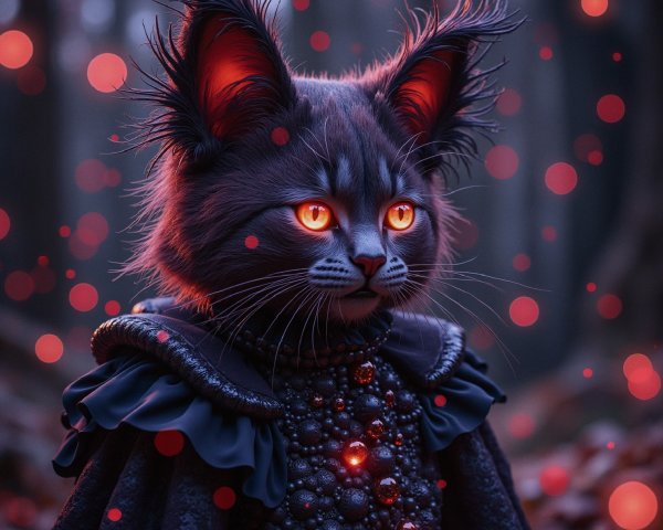 Mystical Forest Scene Featuring Regal Cat with Cape