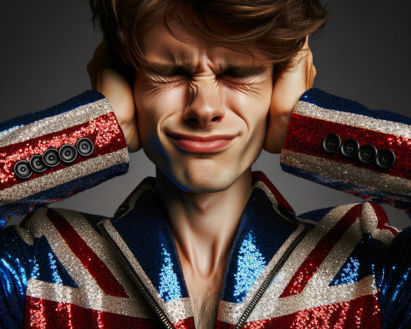 Young man in Union Jack jacket experiences noise discomfort