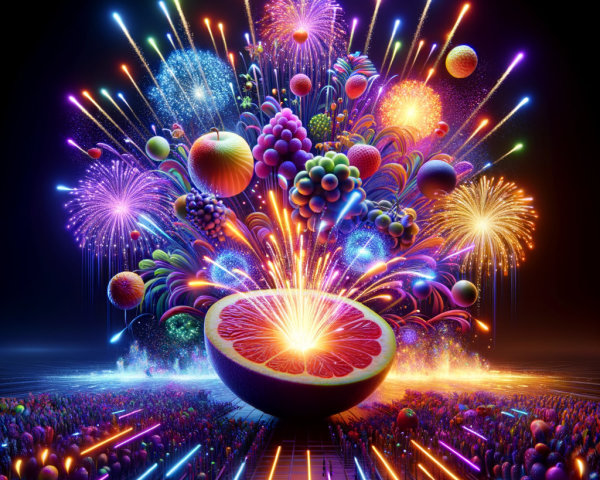 Colorful Fruit Explosion with Fireworks and Neon Lights
