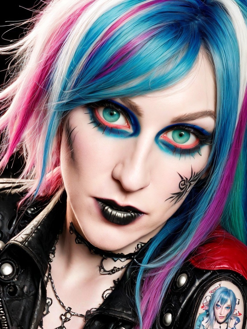 Individual with Vibrant Multi-Colored Hair and Bold Makeup