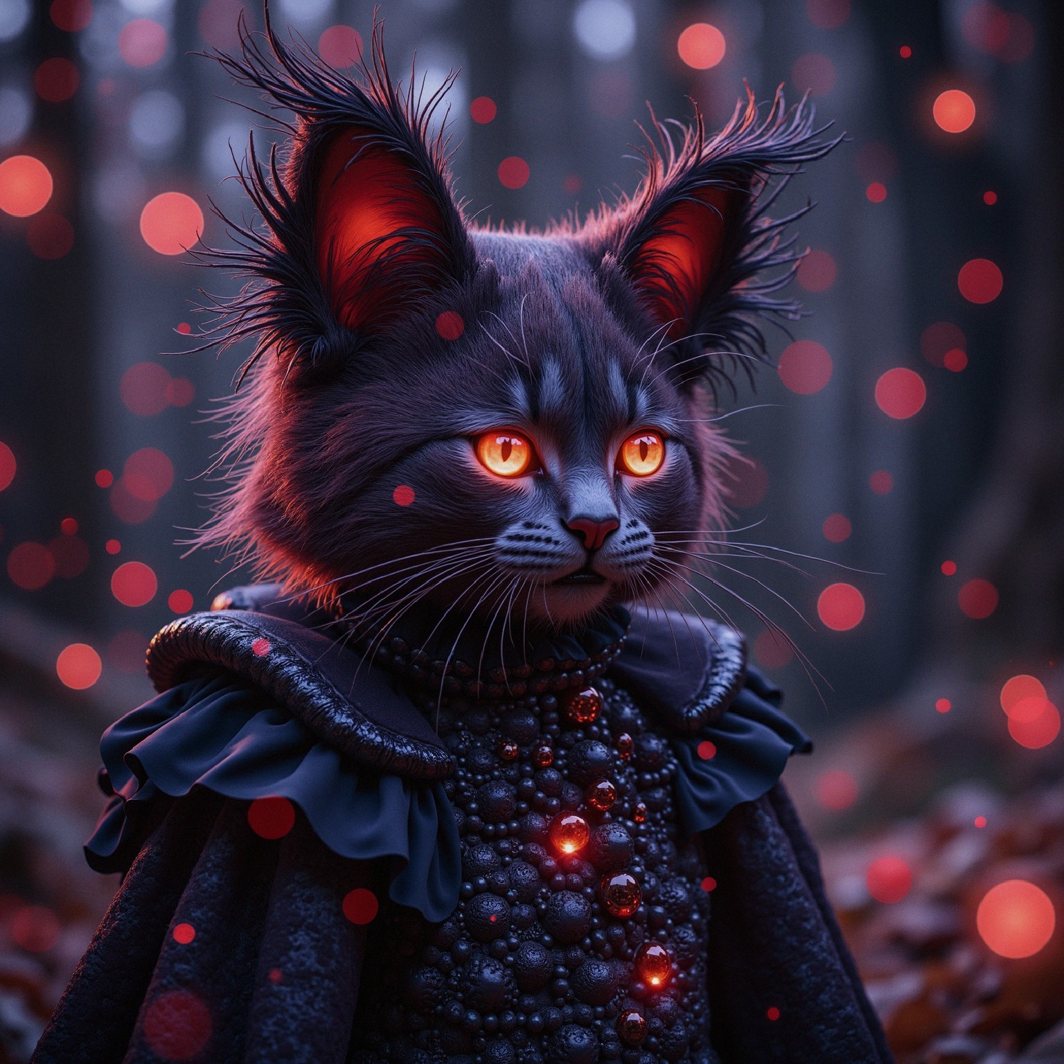 Mystical Forest Scene Featuring Regal Cat with Cape