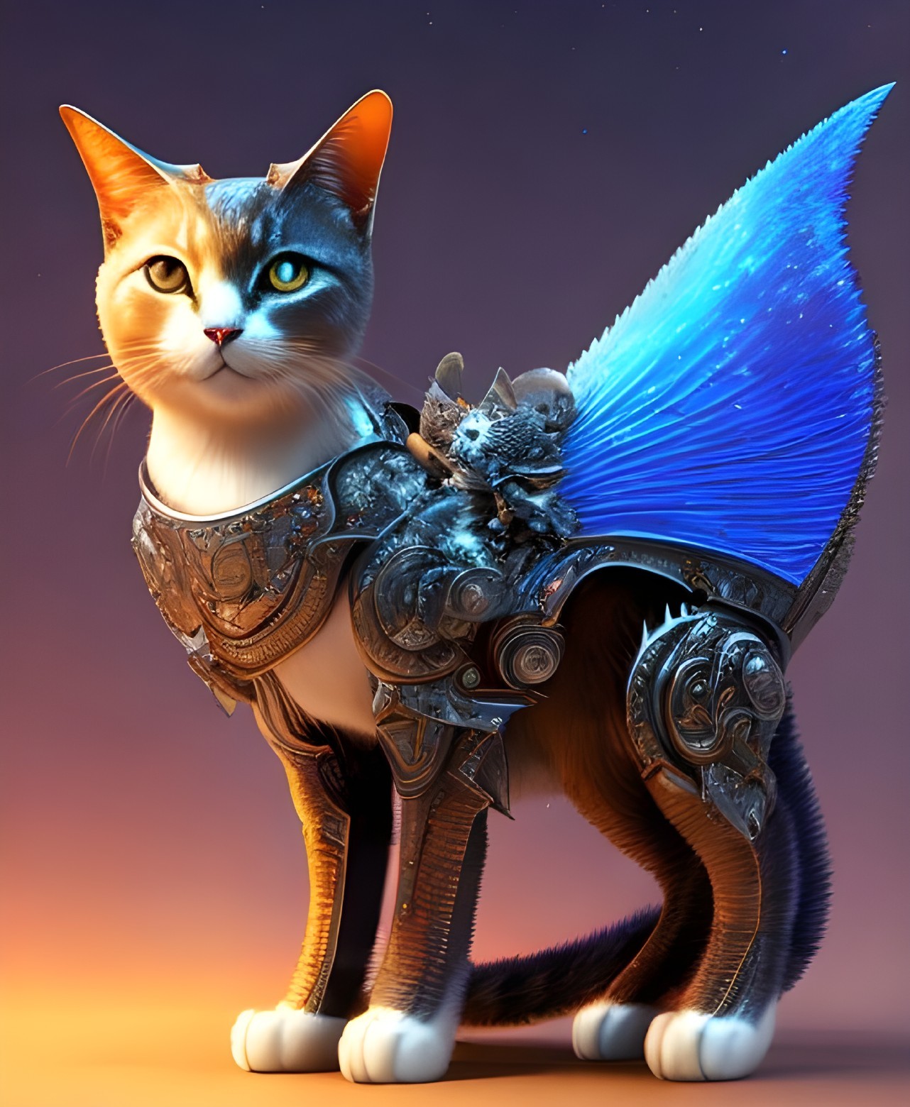 Large cat with blue wing and armored cat on back