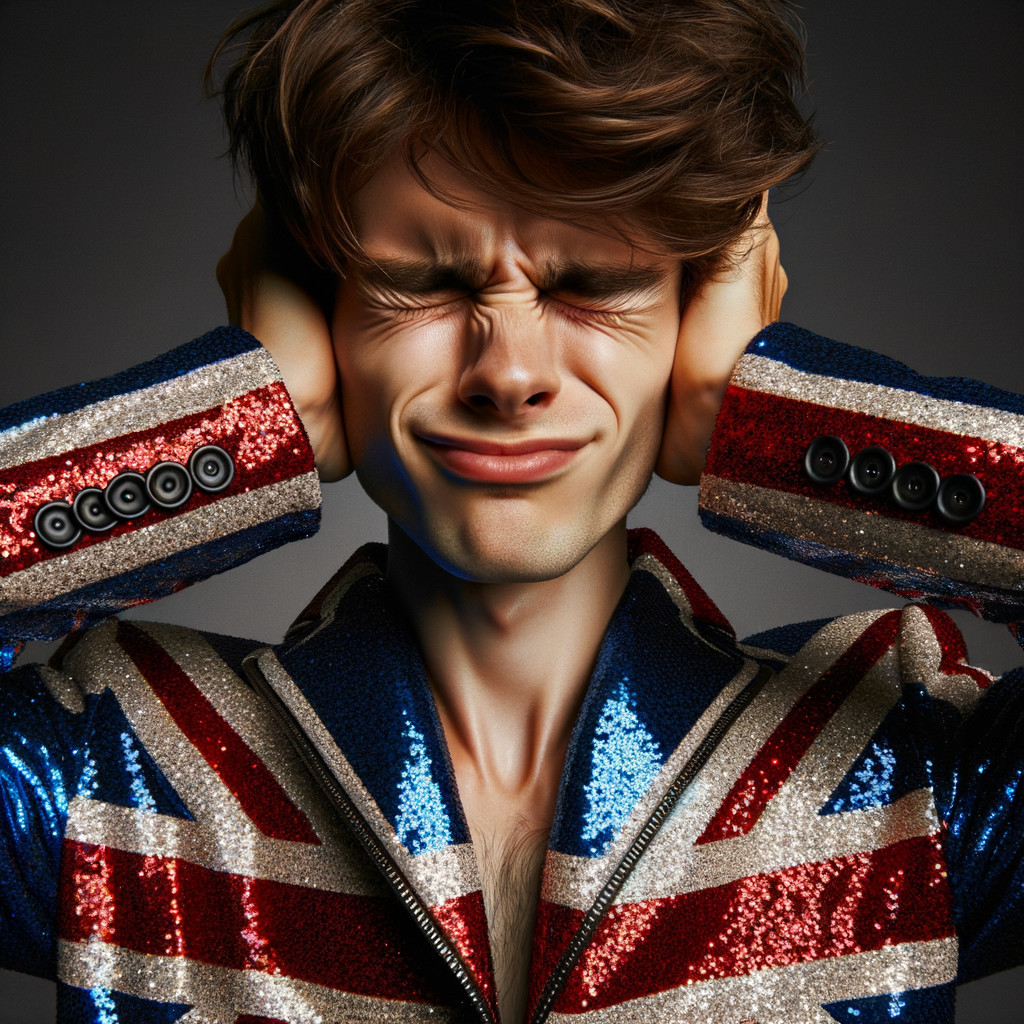 Young man in Union Jack jacket experiences noise discomfort