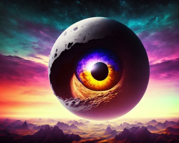 Gigantic eye-shaped planet over mountain landscape