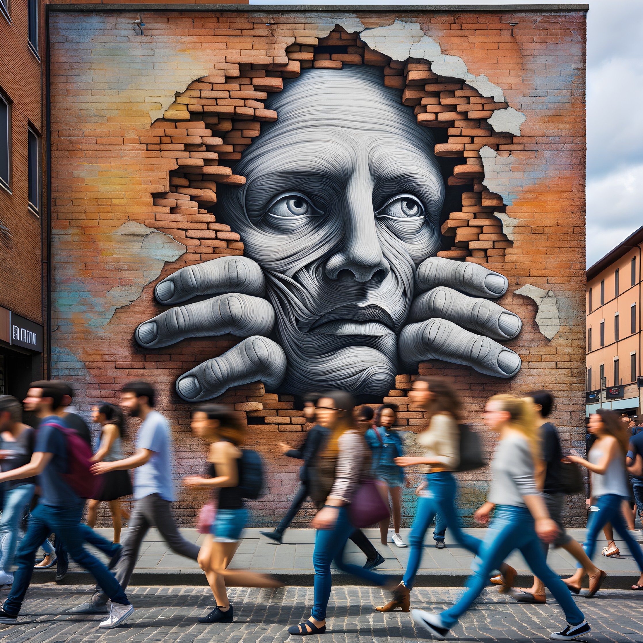 Hyper-realistic Mural of Face on Brick Wall