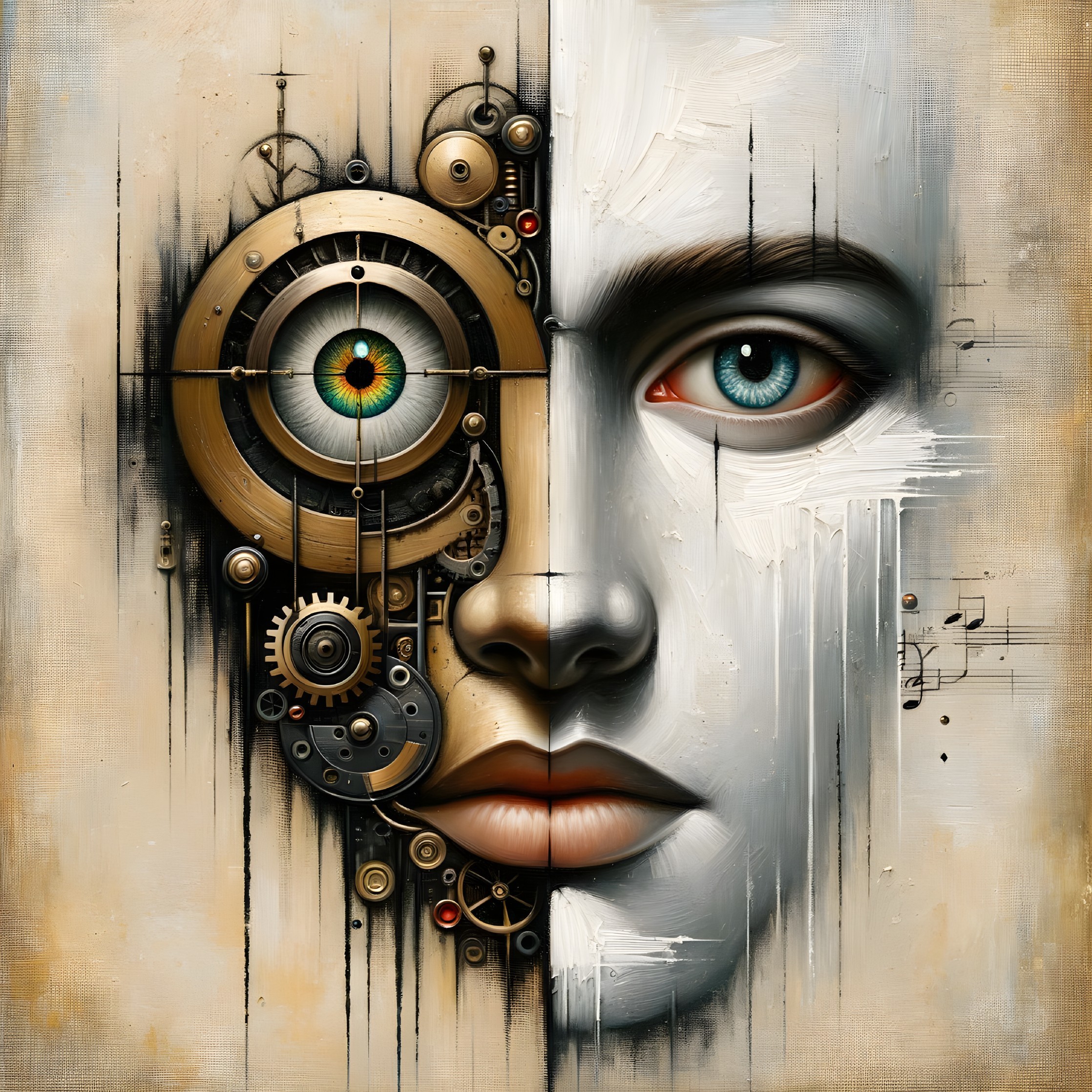 Split Face Artwork: Steampunk vs. Human Elements