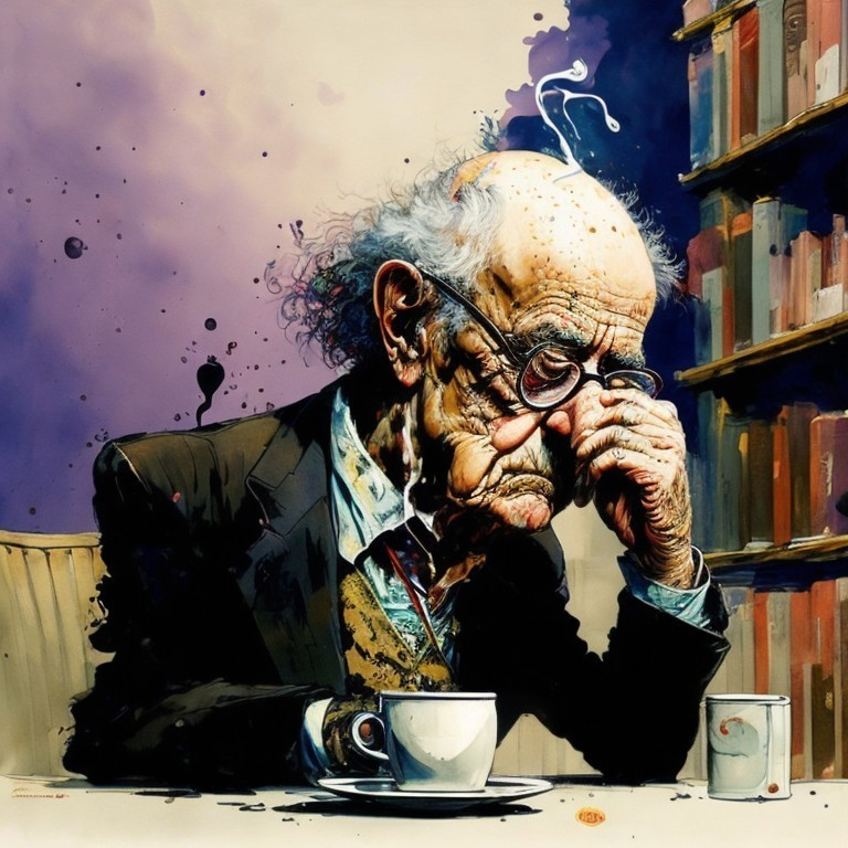 Elderly Man in Thought with Coffee and Bookshelves