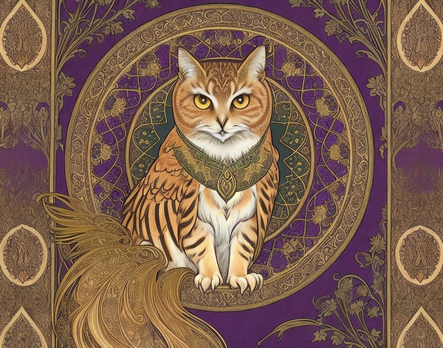 Stylized orange and white cat illustration in purple circle.