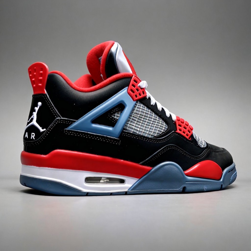 Black and Red Air Jordan 4 Sneaker with Visible Air Unit and Jumpman Logo