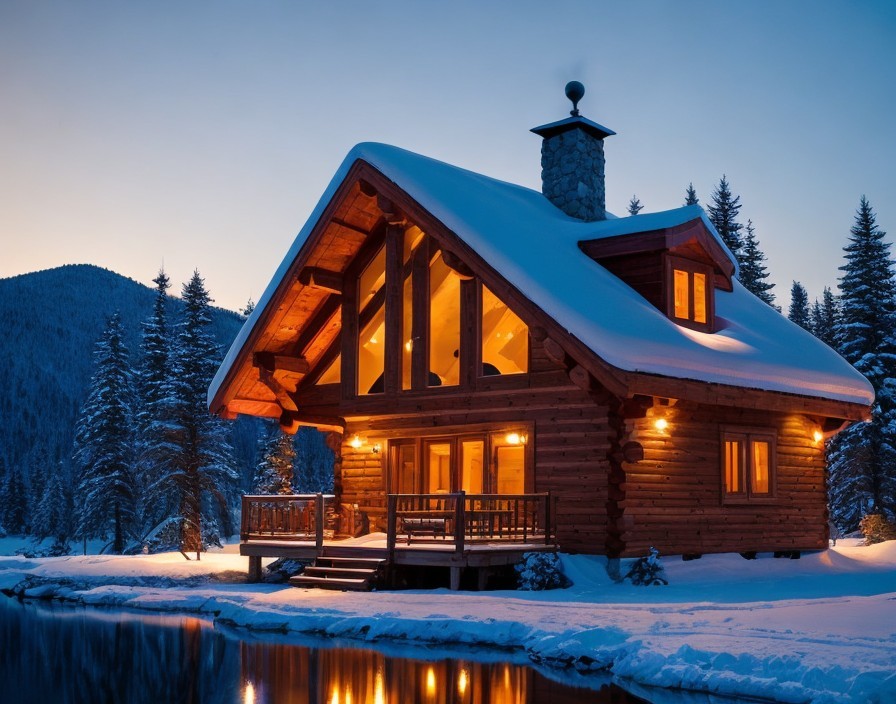 Riverside wooden cabin surrounded by snowy pine trees at twilight