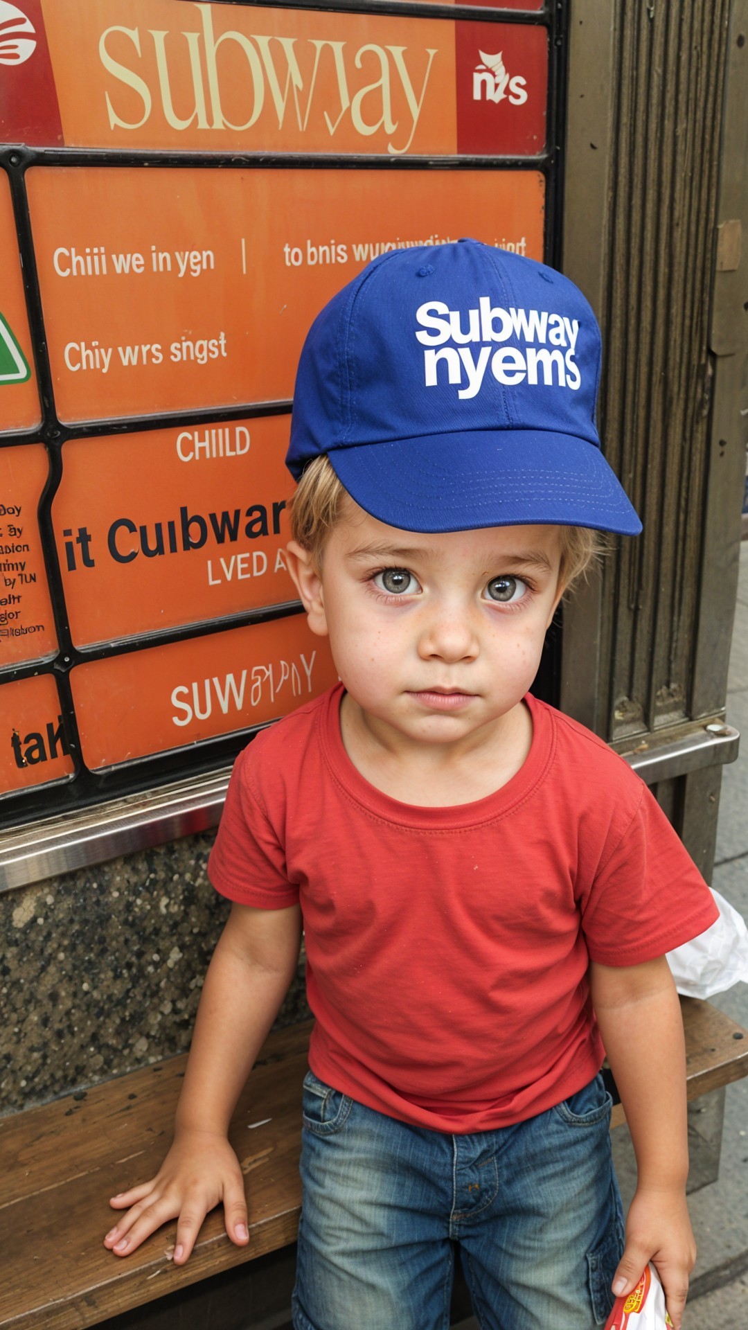 Child in Blue Cap and Red T-Shirt at Subway Station