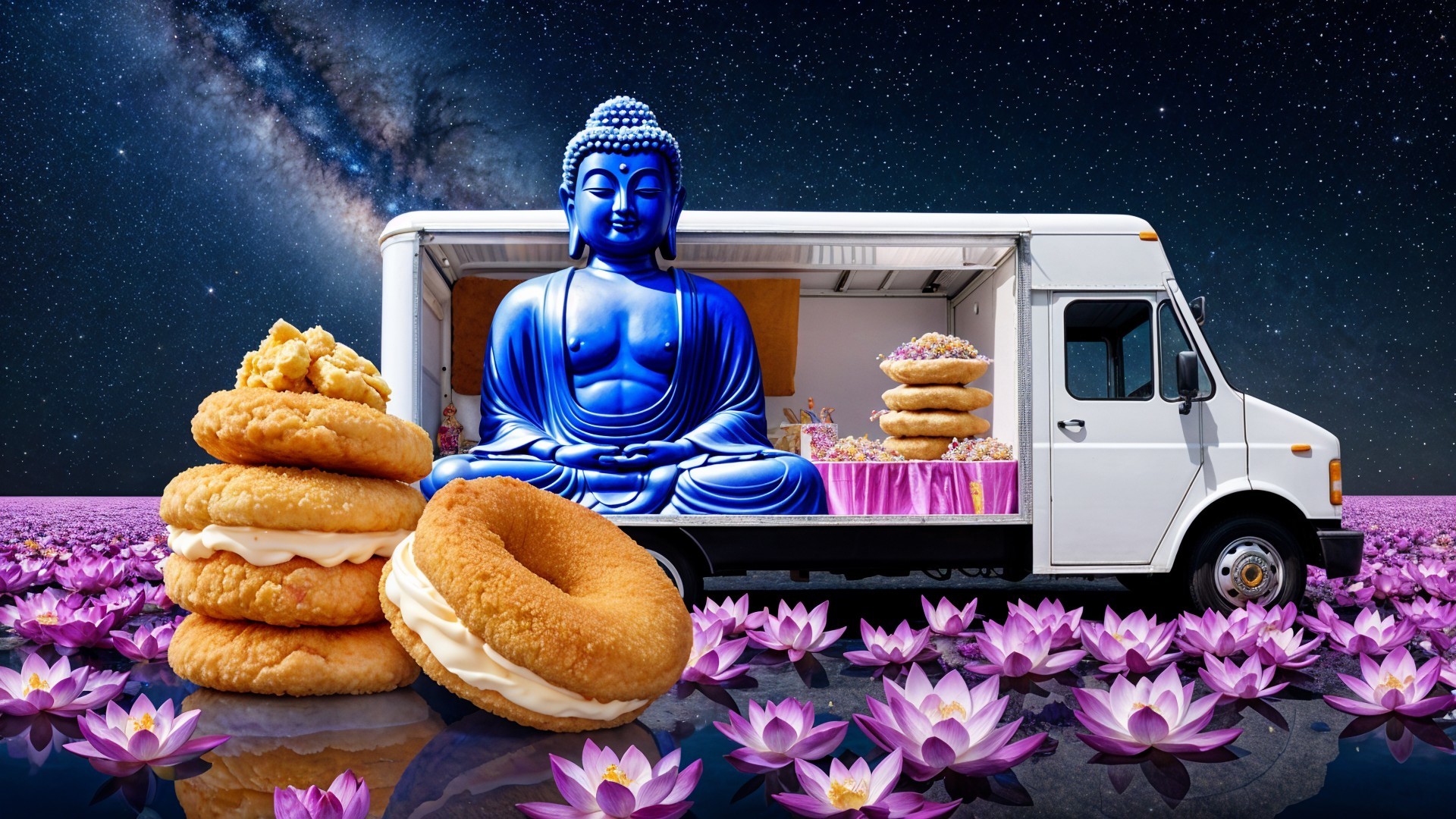 Blue Buddha Statue and Food Truck with Desserts Scene