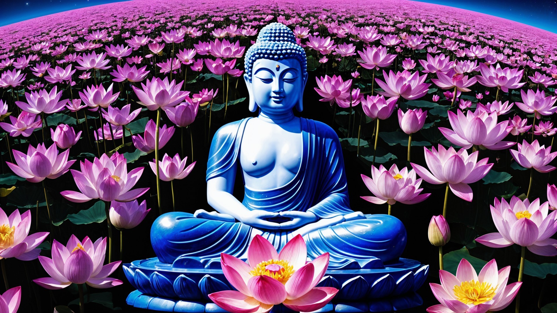 Buddha Statue Surrounded by Pink Lotus Flowers