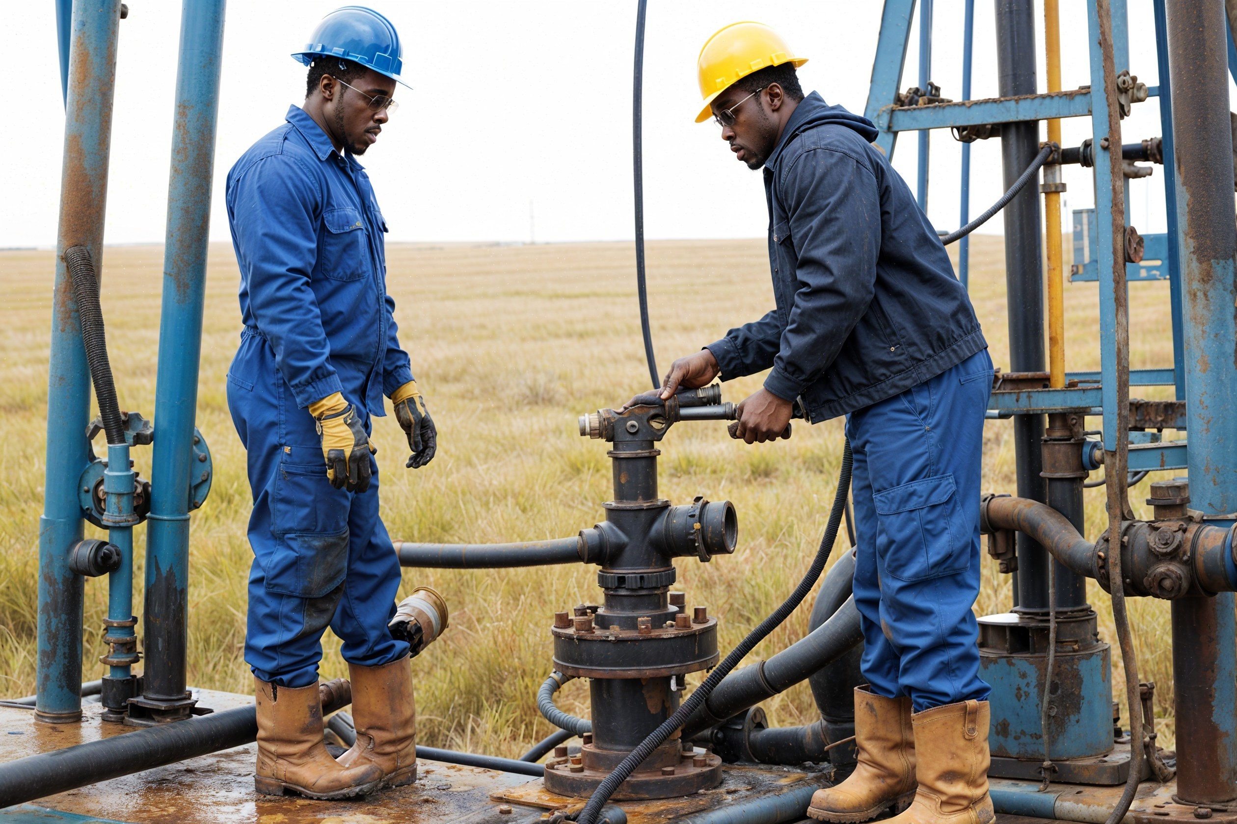 Workers in Blue Overalls near Industrial Equipment