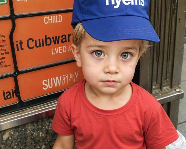 Child in Blue Cap and Red T-Shirt at Subway Station
