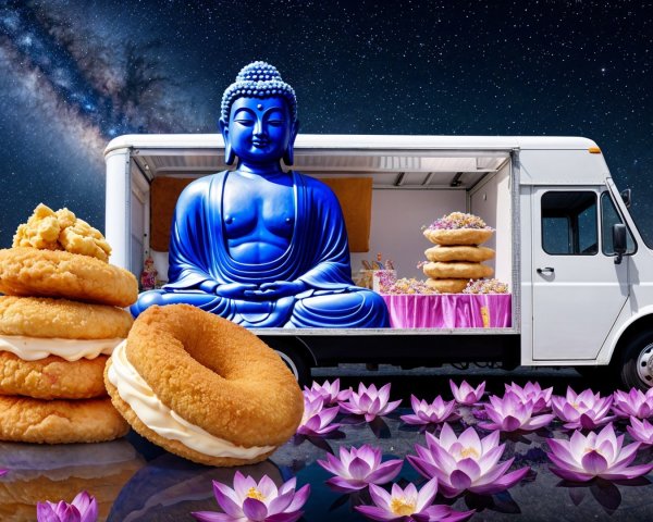 Blue Buddha Statue and Food Truck with Desserts Scene