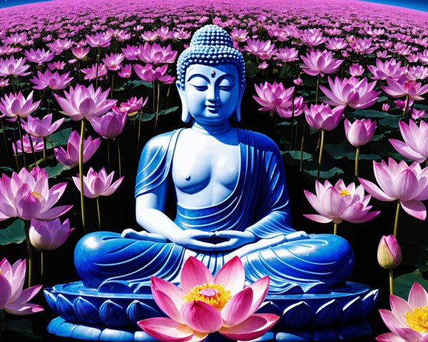Buddha Statue Surrounded by Pink Lotus Flowers