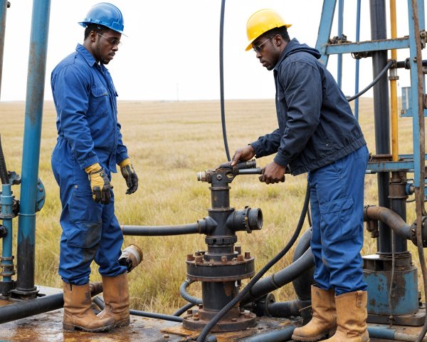 Workers in Blue Overalls near Industrial Equipment