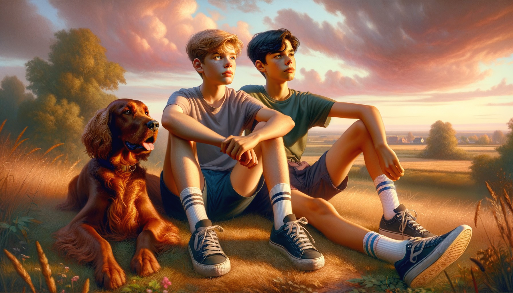 Boys and Dog Enjoy Sunset on Grassy Patch