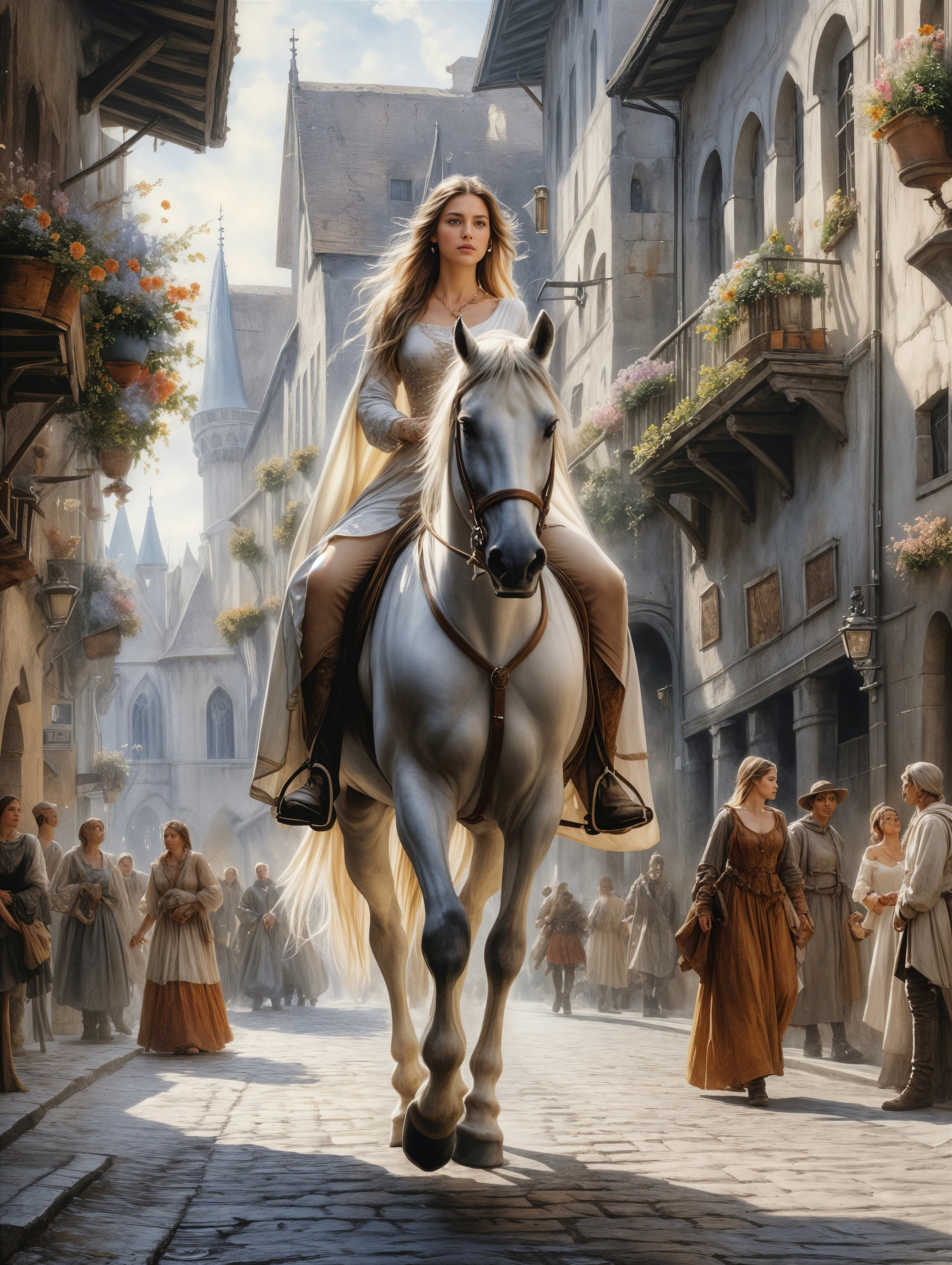 Medieval Town Scene with Woman on White Horse