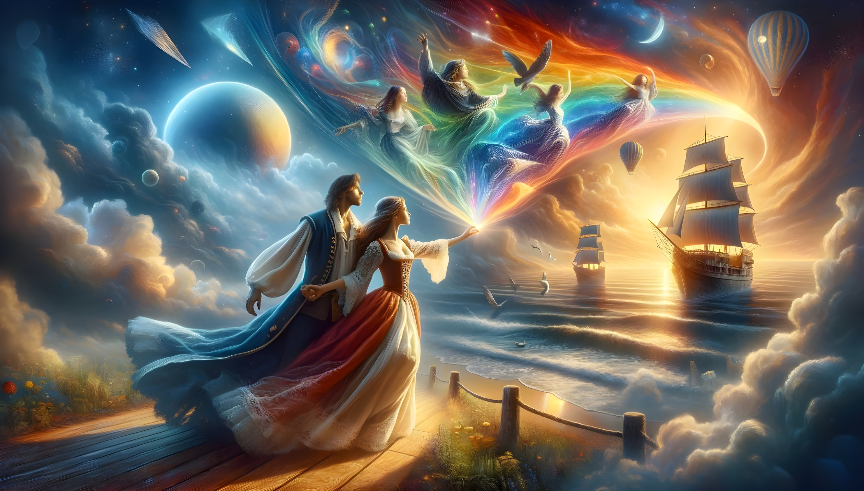 Fantasy Artwork of Woman and Child on Pier with Vivid Sky and Whimsical Elements
