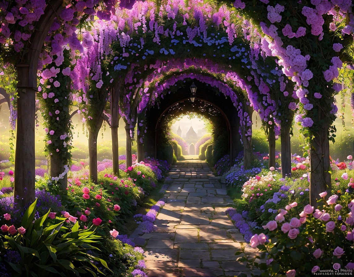 Tranquil garden path with pink and purple flowers under archway