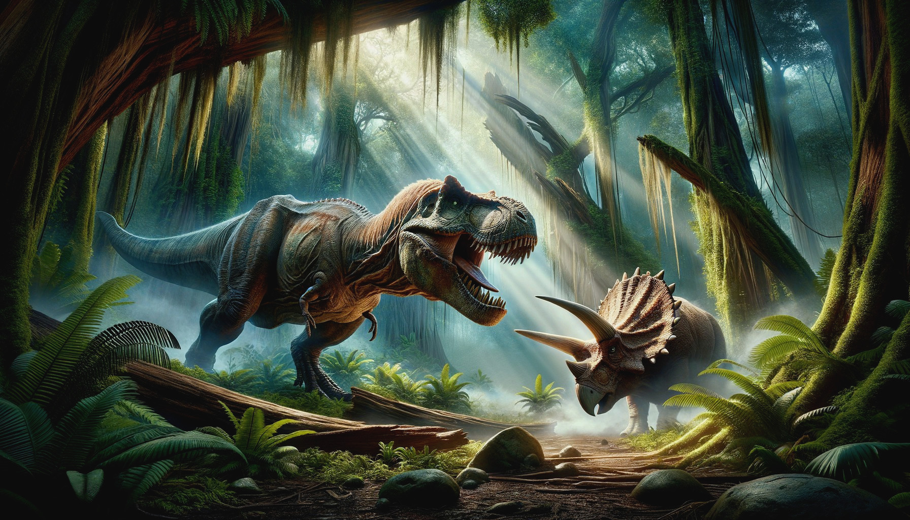 Dramatic Encounter of T. rex and Triceratops in Forest