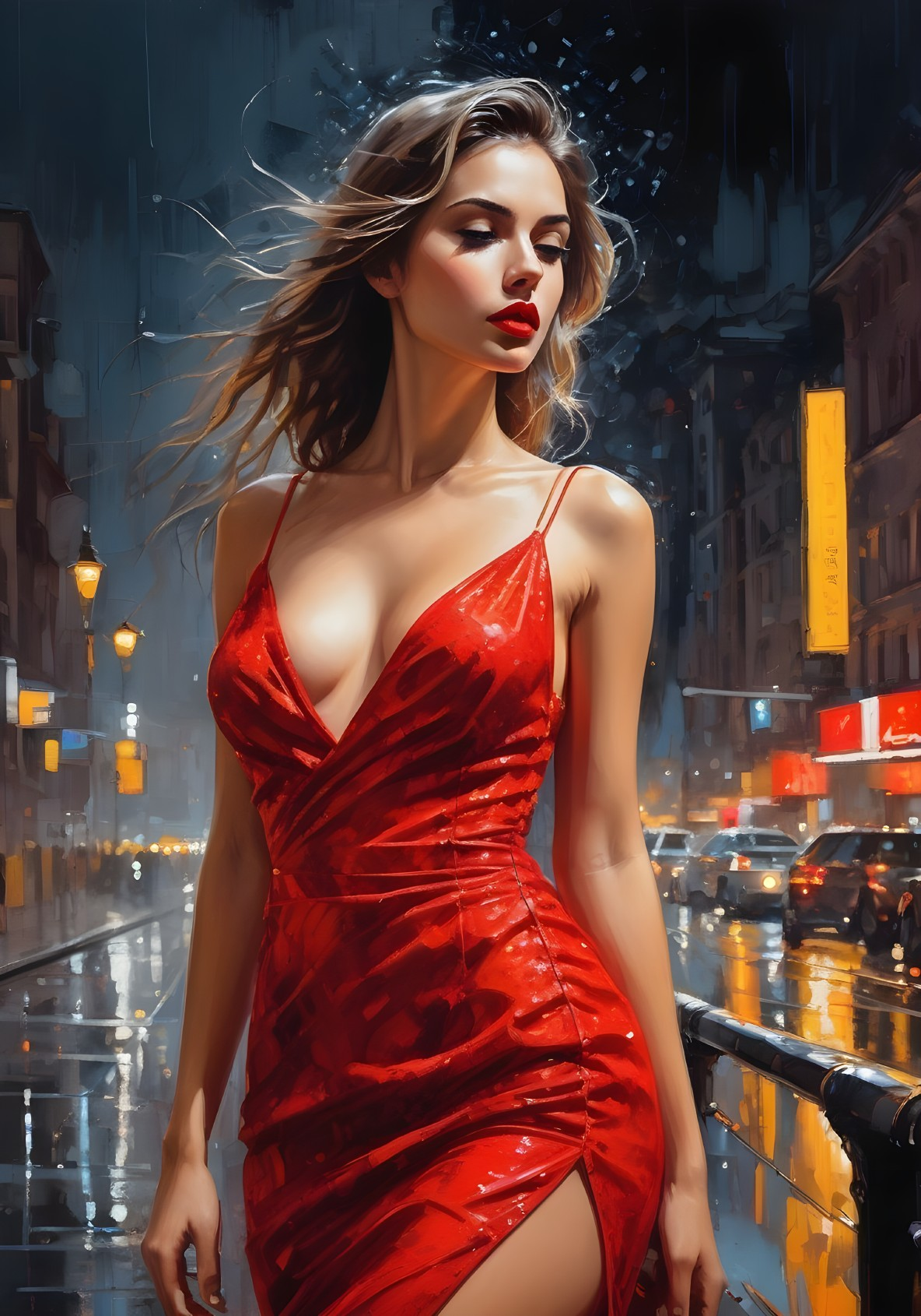Woman in Red Dress Under City Streetlight at Night