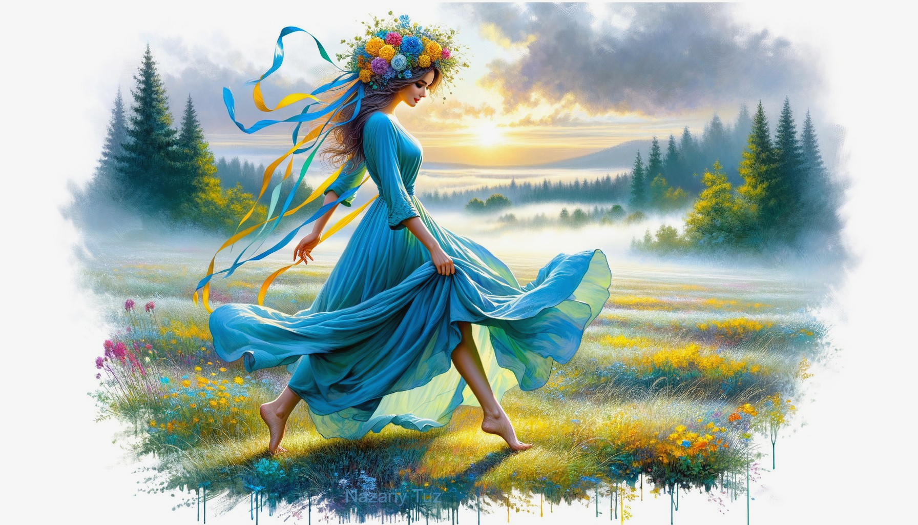 Woman in Blue Dress Walking in Vibrant Meadow